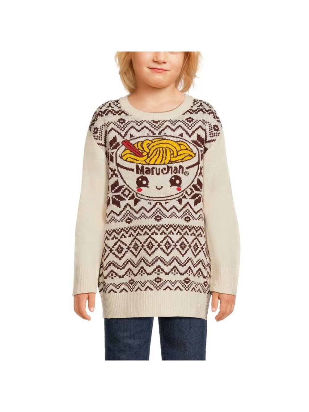 Ugly Christmas Sweater Maruchan Kids Size S Ivory & Burgundy Snowflake Noodle